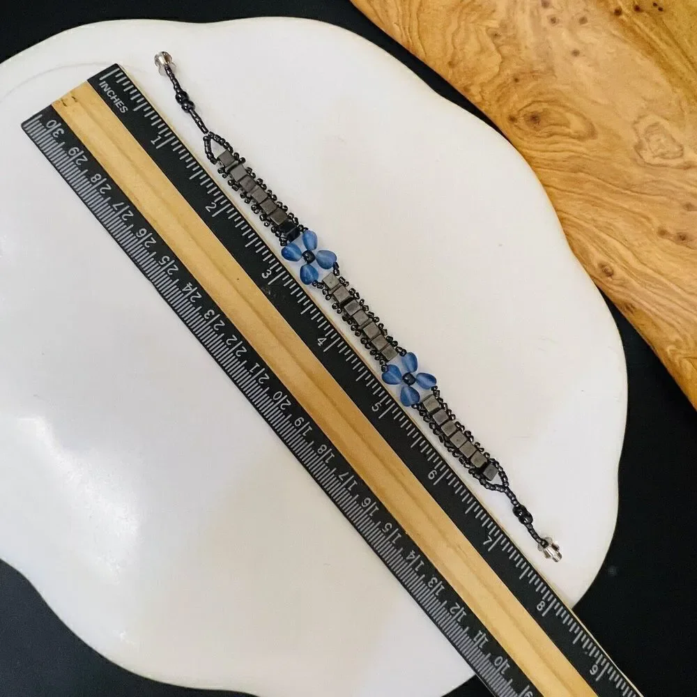 Hematite Sead Bead Bracelet Strand Silver Blue Tone Barrel Clasp 7.5